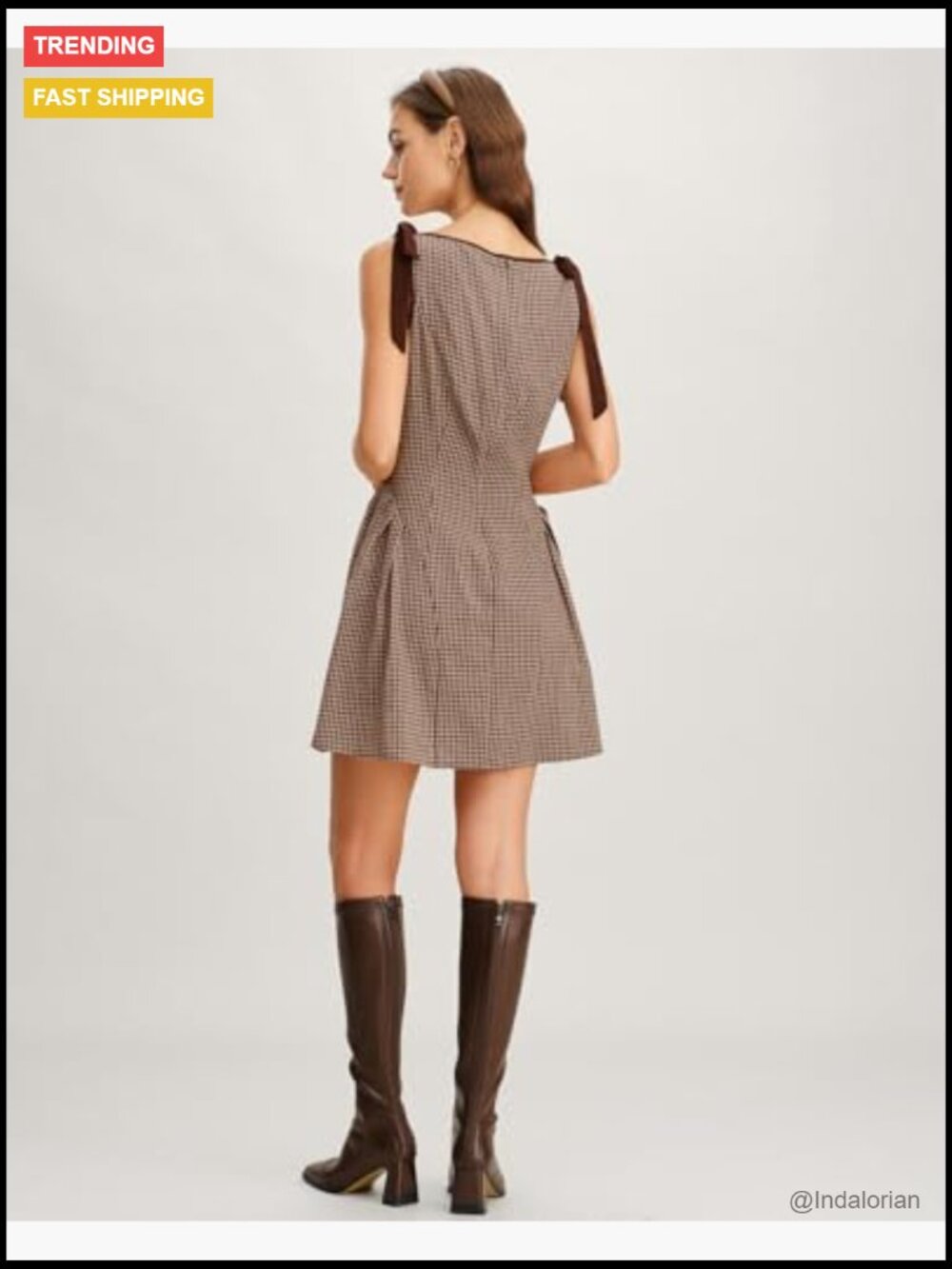 Women's Plaid Boat Neck A-Line Midi Dress - Vintage Fit & Flare Dress - Picture 5 of 7